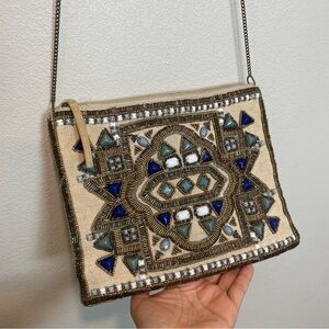 Chico's Beaded Crossbody Clutch Beaded Geometric Aztec Boho Canvas Bag Chain